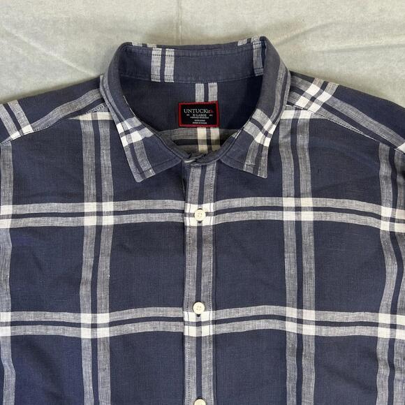 Untuckit 100% Linen Shirt Mens XL Navy Blue Plaid Button Up Long Sleeve - Picture 2 of 6